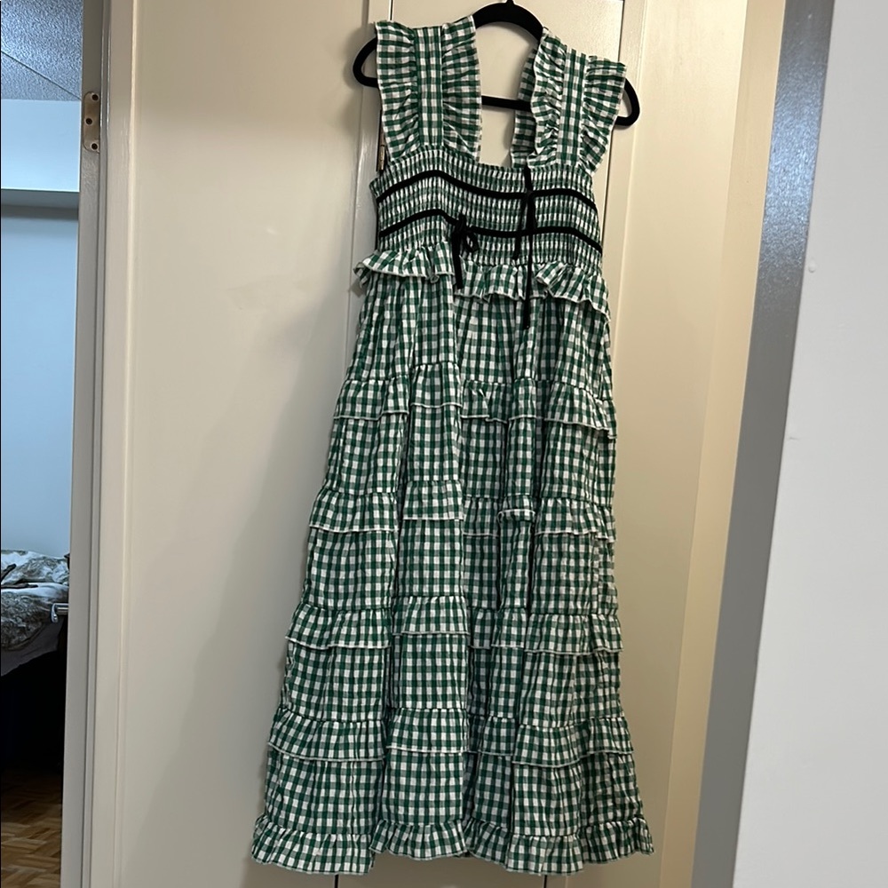 Sister Jane Green and White Gingham Tiered Ruffle Midi Dress